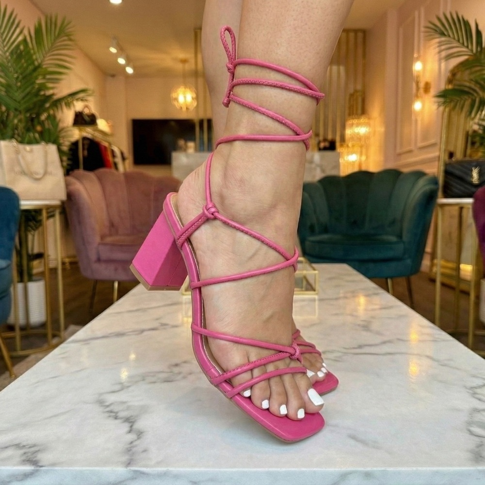 NWT X2B Pink Lace Up Block Heel Sandals Strappy Square Toe 2.5" - Picture 5 of 7